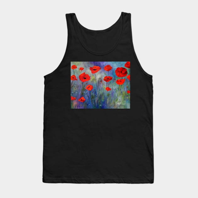 Red Poppies Blue Fog Tank Top by ClaireBull